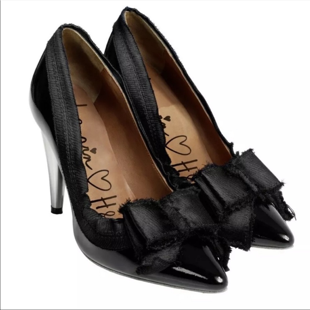 Lanvin X H&M Black Satin Bow Pumps w/ Chrome Heel